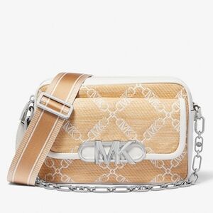 Michael Kors Parker Medium Empire Logo Jacquard Straw Crossbody Bag